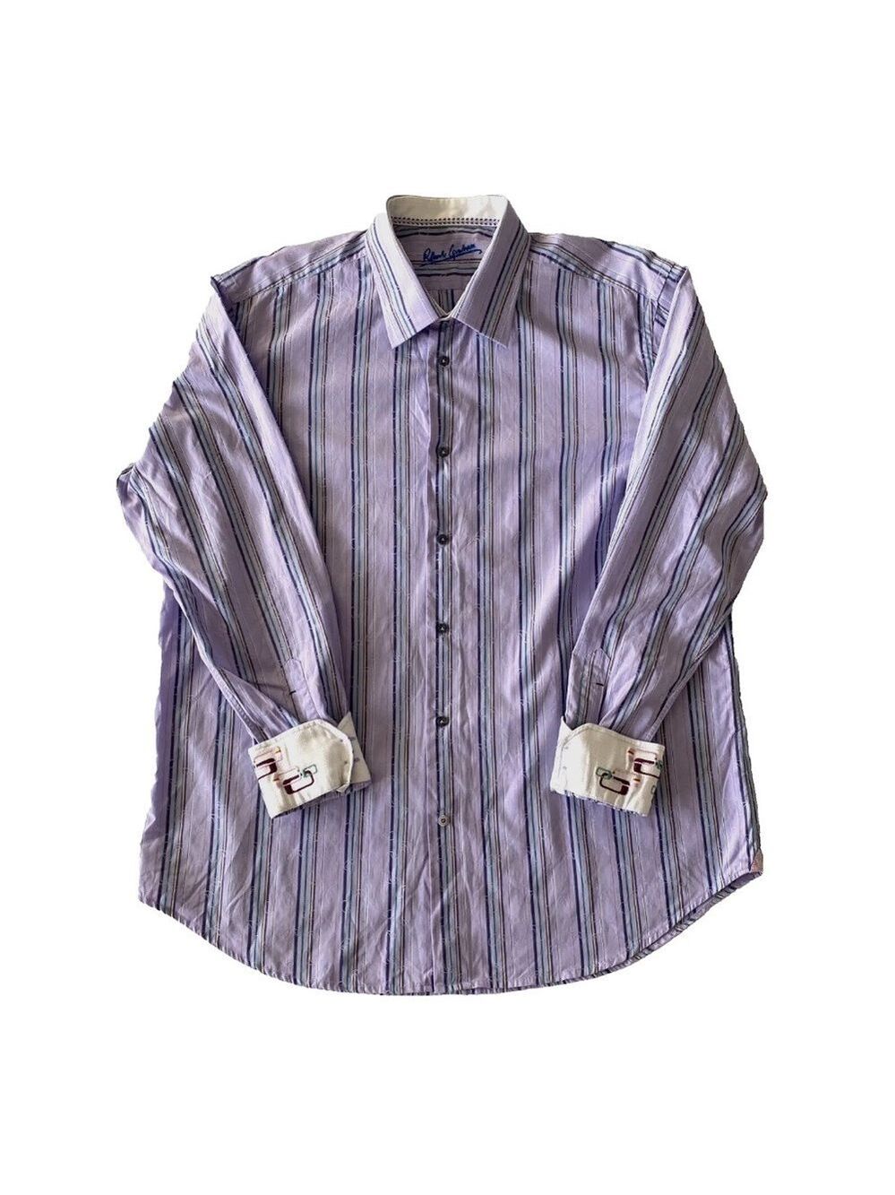 Robert Graham Button Up Shirt Flip Cuffs Mens 17, L/XL Purple Striped